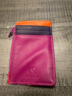MYWALIT Pink Leather Card Wallet with Orange & Navy Accents